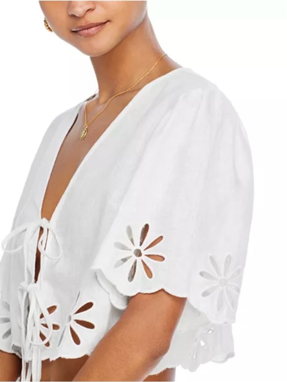 Rails Pari Linen Tie-Front Eyelet Crop Top in White Size L - Picture 4 of 10